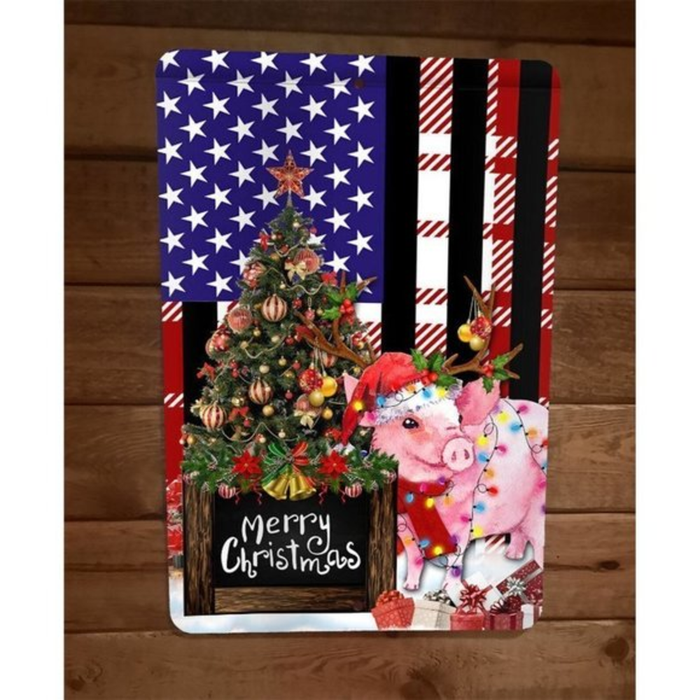 Merry Christmas Pigs Xmas 8x12 Metal Wall Sign Animal Poster